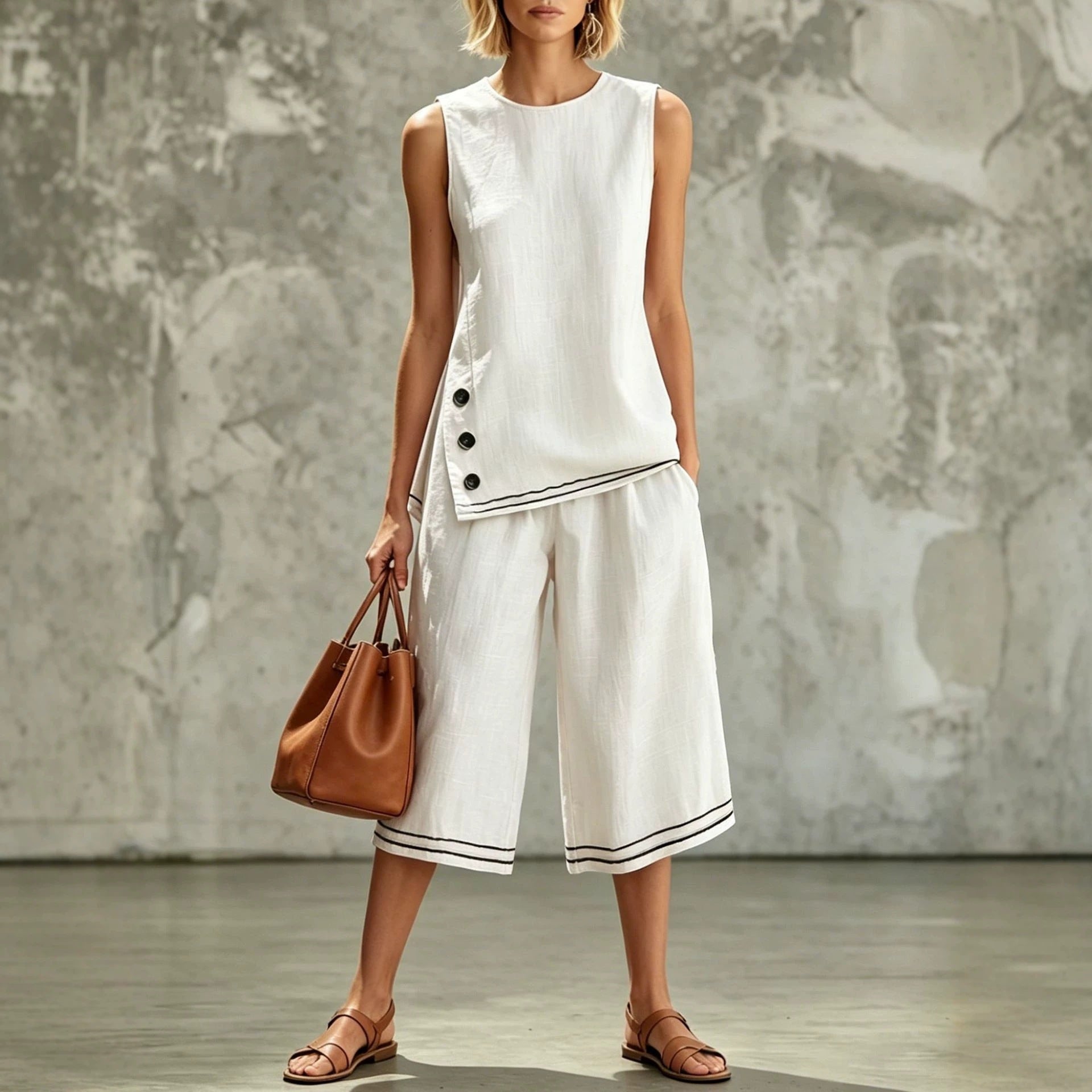 Women's tank top and wide-leg pants set by Plush Fashion Hub with side splits, pockets, and button details.