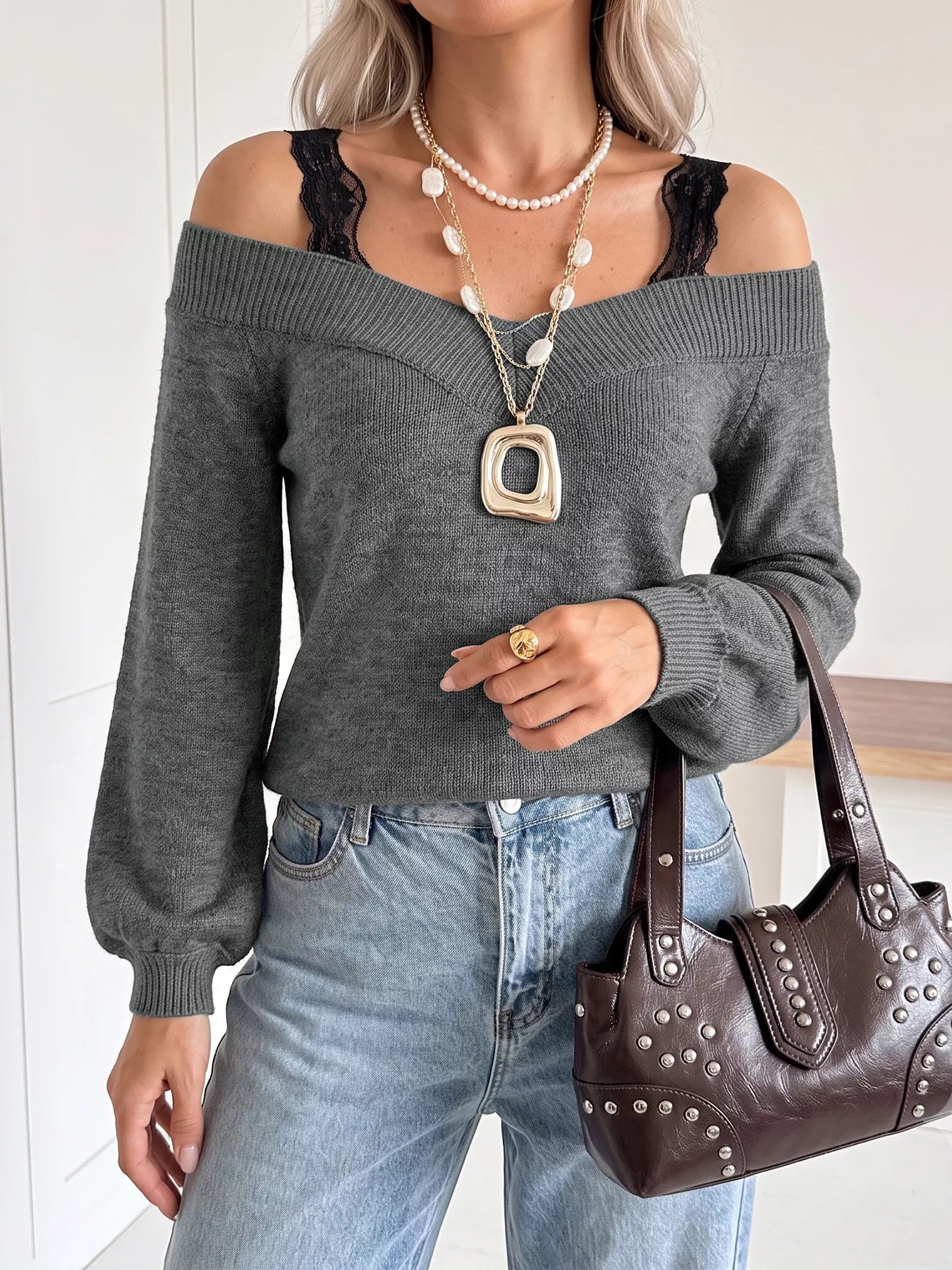 Off-shoulder lace trim sweater by Plush Fashion Hub featuring a cozy knit design and elegant lace detailing on the shoulders.