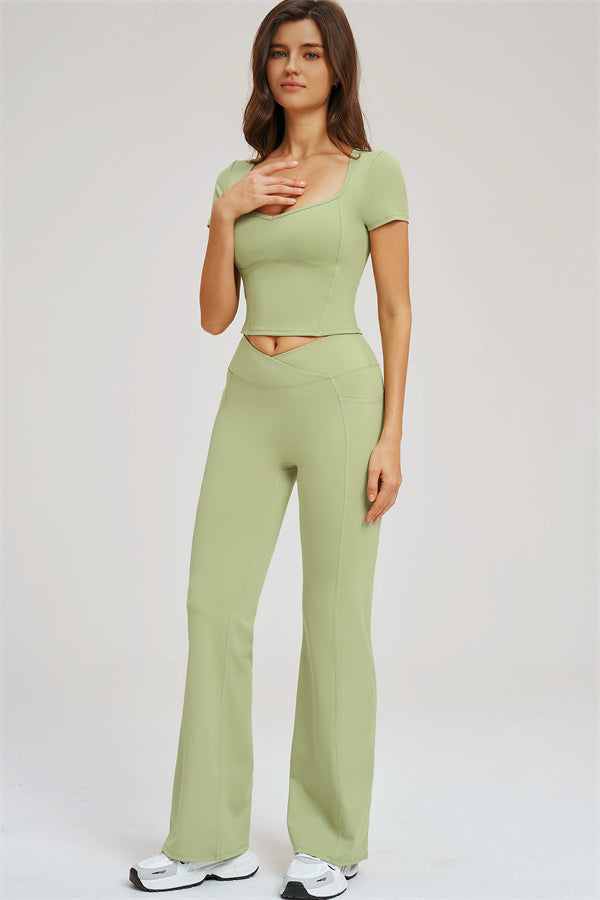 Fitglutes Activewear flared leggings and T-shirt set, stylish workout clothes with comfortable fit and vibrant color.
