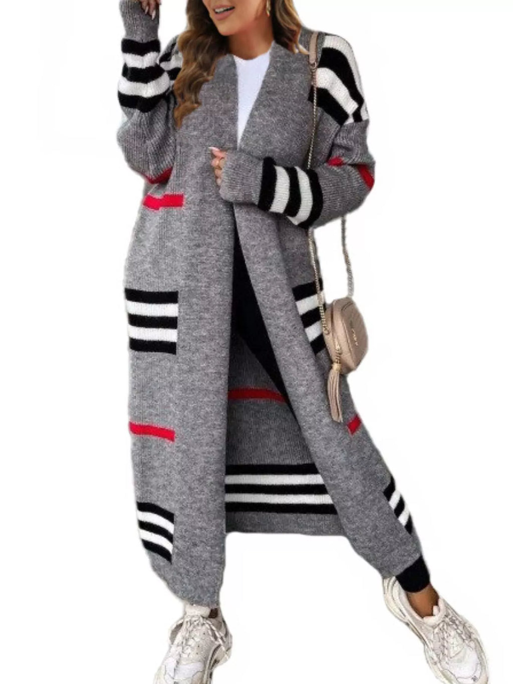 Striped longline open front cardigan by Simply Love displayed on a hanger, showcasing its relaxed fit and stylish pattern.
