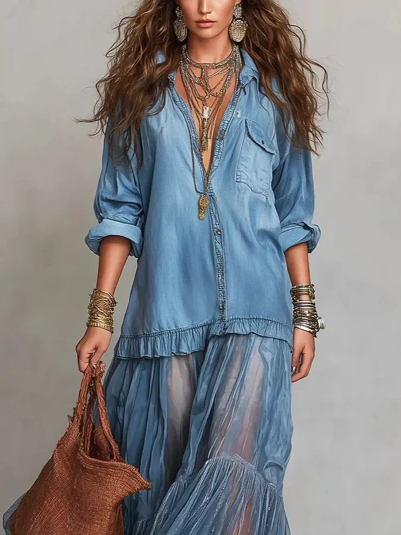 Long sleeve sheer ruffle maxi dress by Plush Fashion Hub with flowing fabric and elegant ruffle details.