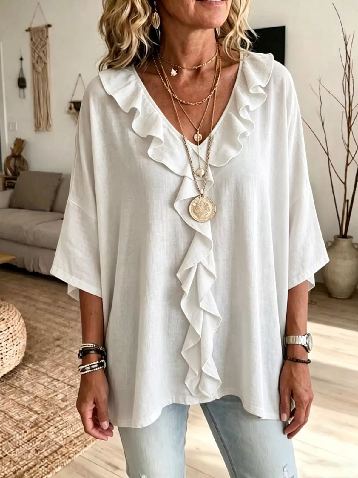 Plus size plush fashion hub ruffle V-neck blouse with 3/4 sleeves, featuring full ruffle detailing and a flattering fit.