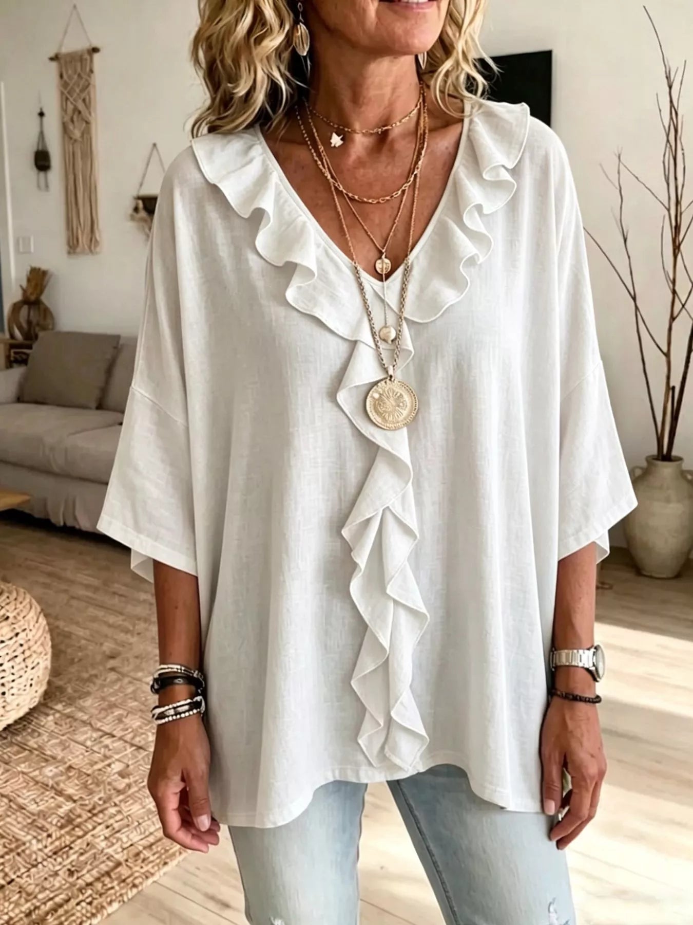 Plus size plush fashion hub ruffle V-neck blouse with 3/4 sleeves, featuring full ruffle detailing and a flattering fit.