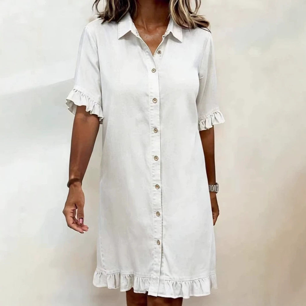 Women's faux denim ruffle-sleeve shirt dress from Plush Fashion Hub, casualwear with a stylish ruffle sleeve design.