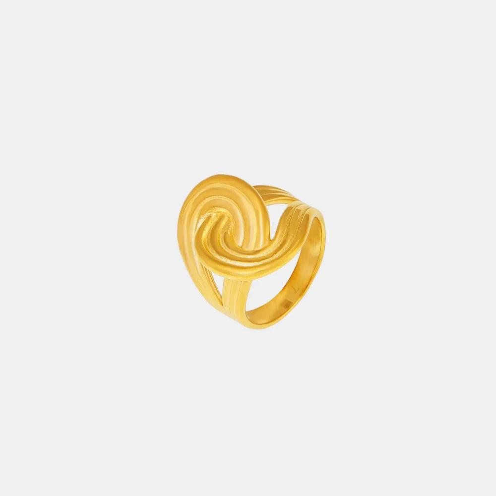 18K gold-plated twisted ring with polished finish, showcasing elegant design and shiny surface on a white background.