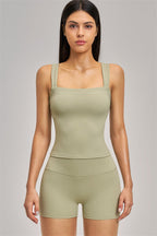 Fitglutes Activewear two-piece tank top and shorts set, gym workout clothes, featuring stylish tops and comfortable shorts for fitness.