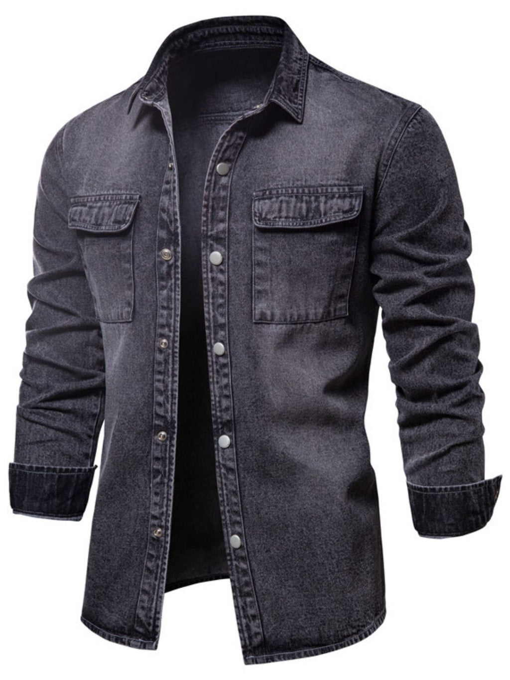 Men's VYSN denim jacket with button-down front and chest pocket, stylish casual outerwear in classic blue denim.