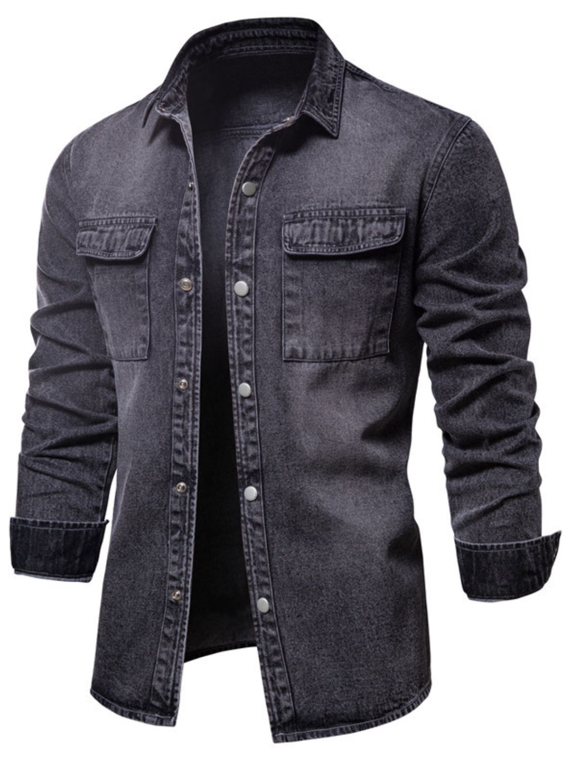 Men's VYSN denim jacket with button-down front and chest pocket, stylish casual outerwear in classic blue denim.