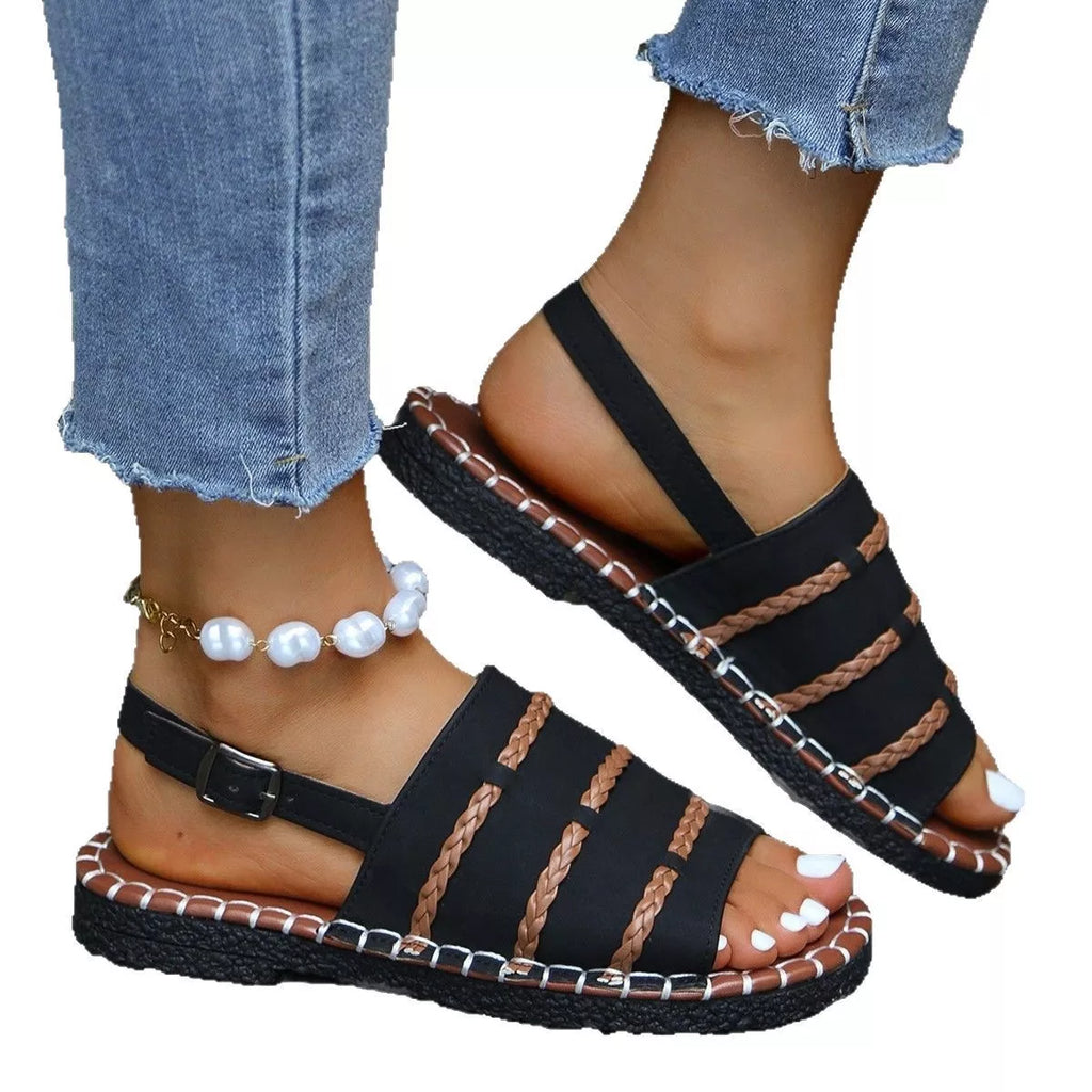 Shopimist open toe buckle sandals with stylish straps and a comfortable flat sole, perfect for casual summer wear.