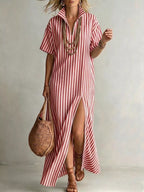 Striped high slit maxi shirt dress from Trendsi showcasing a flowy design with a daring side slit and collar neckline.