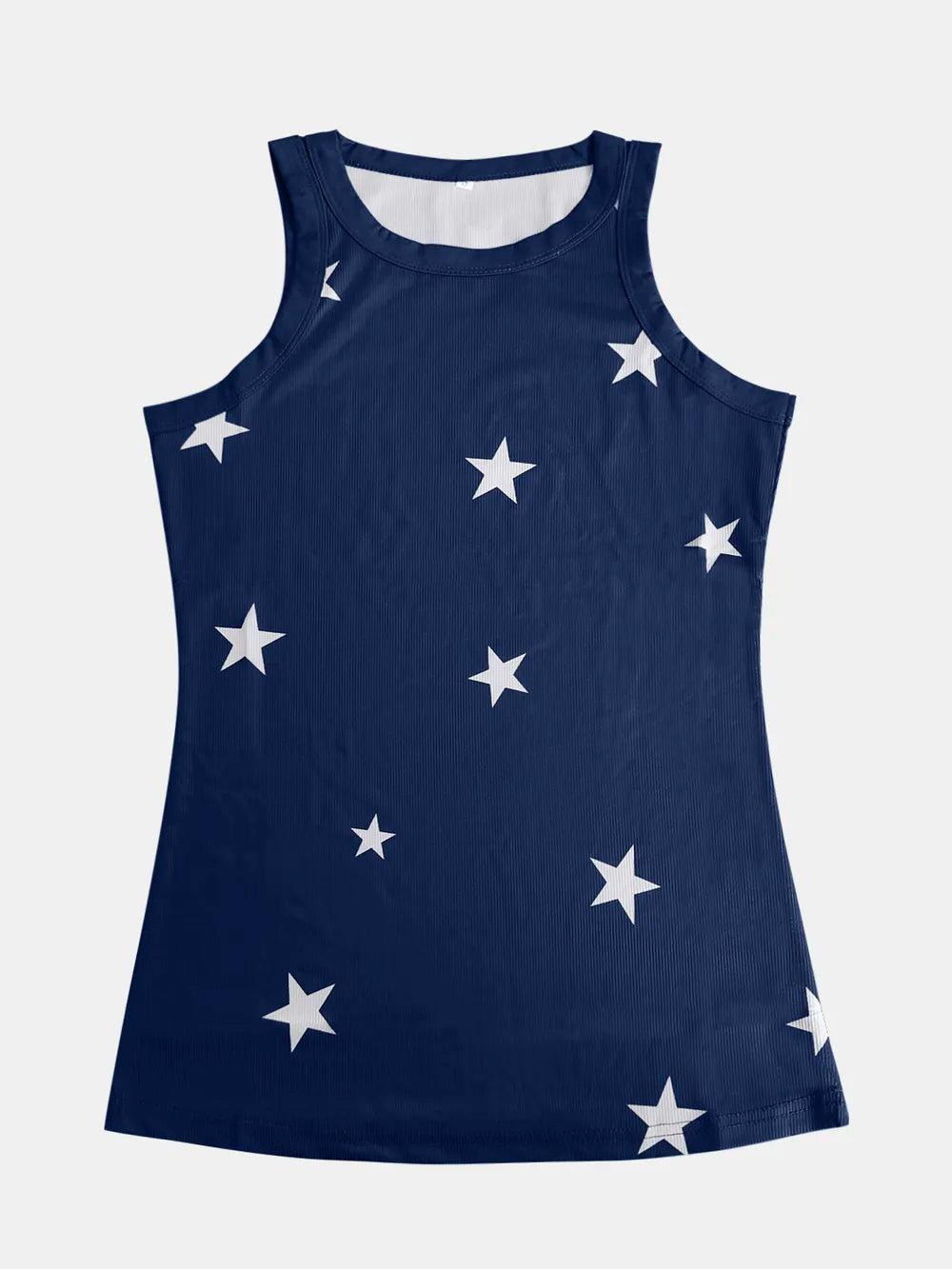 Women's star print cotton blend tank top with round neck, casual style, from Trendsi, shown in a close-up of the front.
