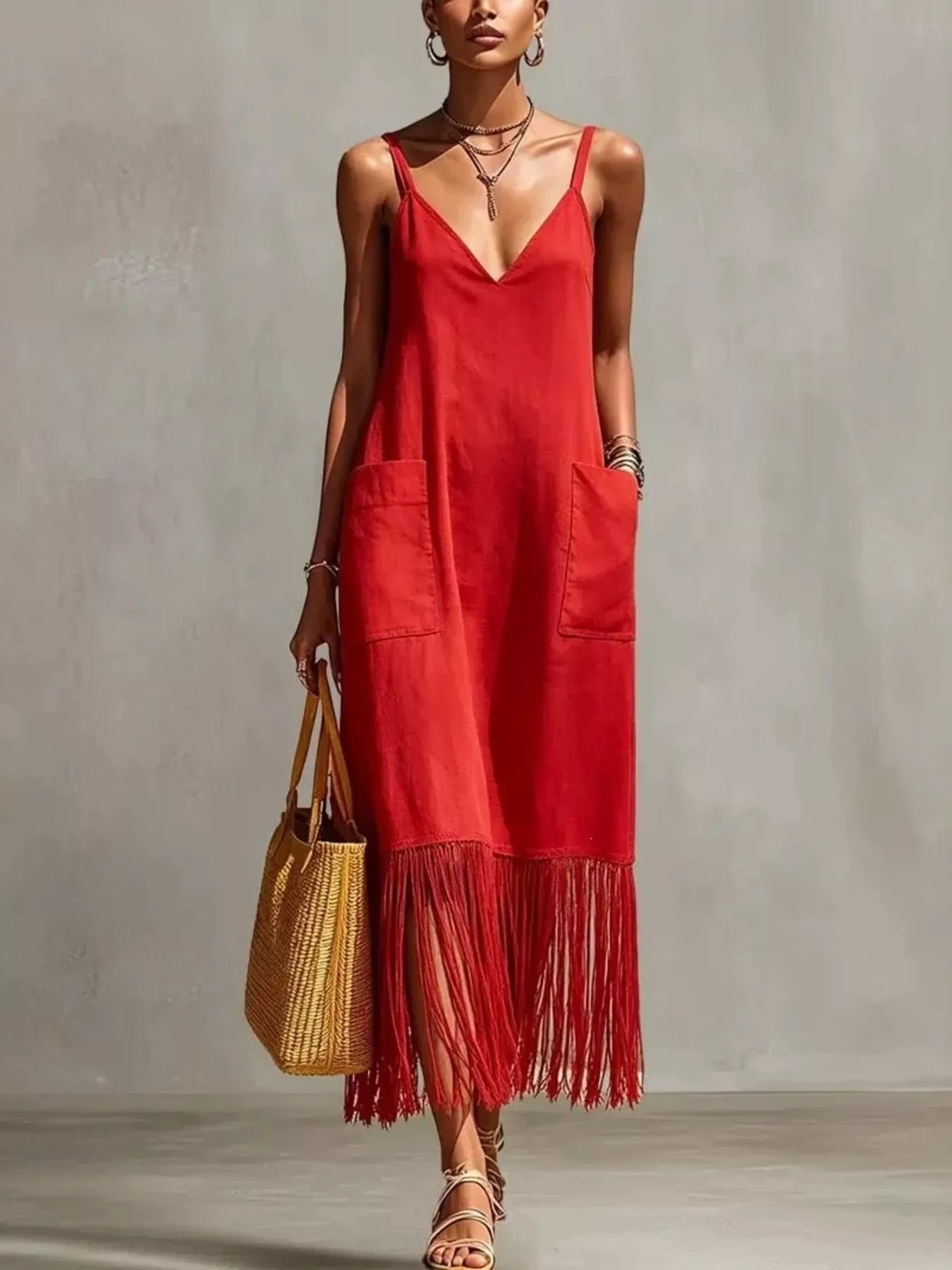 Plus size Shopimist fringe V-neck spaghetti strap dress with full length and flowing design, ideal for summer wear.