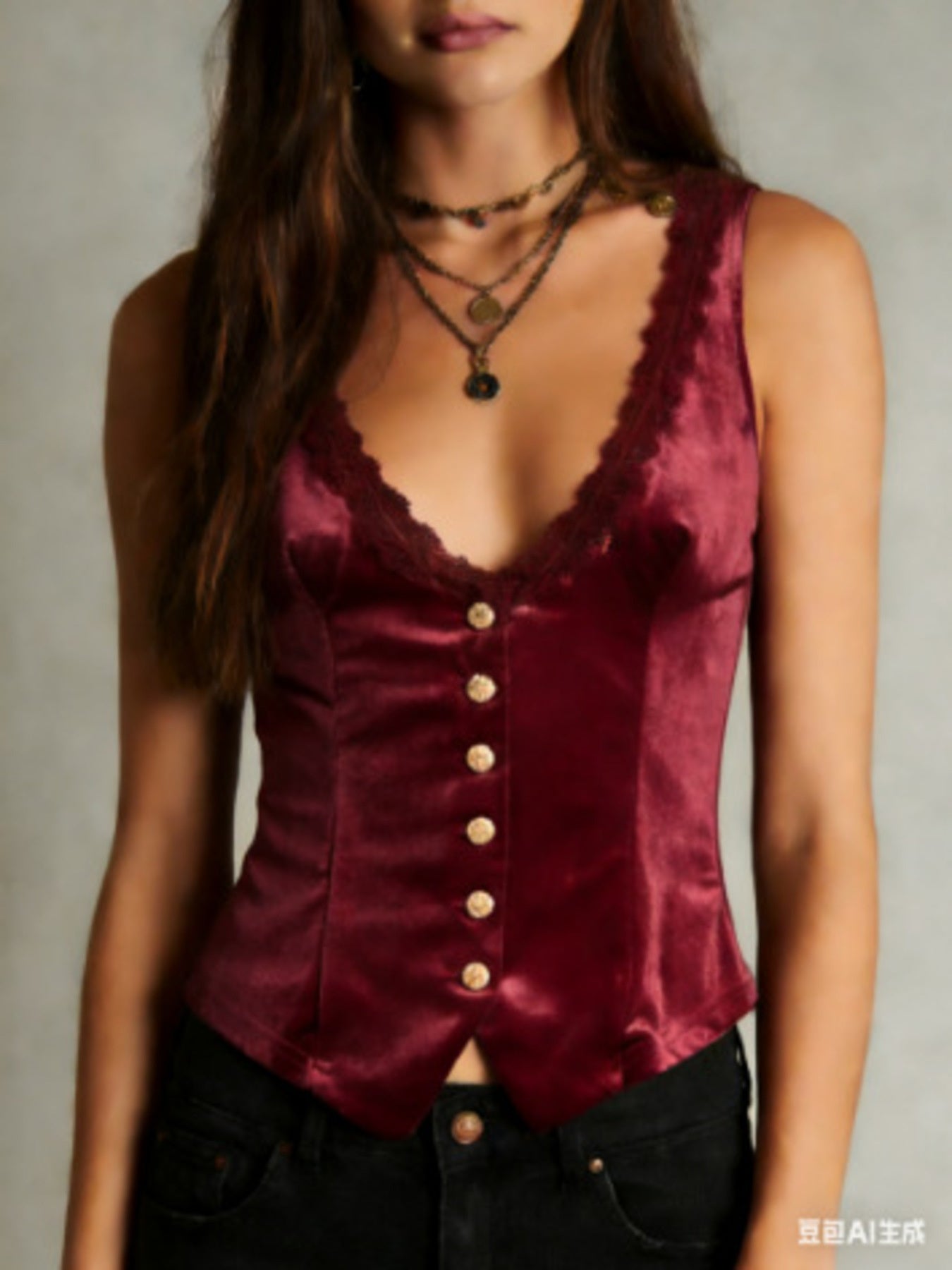 Velvet button-down vest with delicate lace trim, stylish tops by Trendsi, shown in a close-up image highlighting fabric and design details.