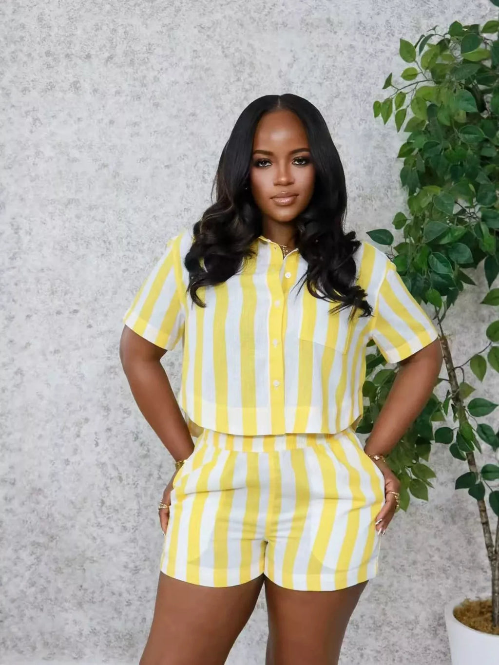 Striped button-up top and shorts set by Shopimist featuring a casual, coordinated design with a stylish button-up top and matching shorts.
