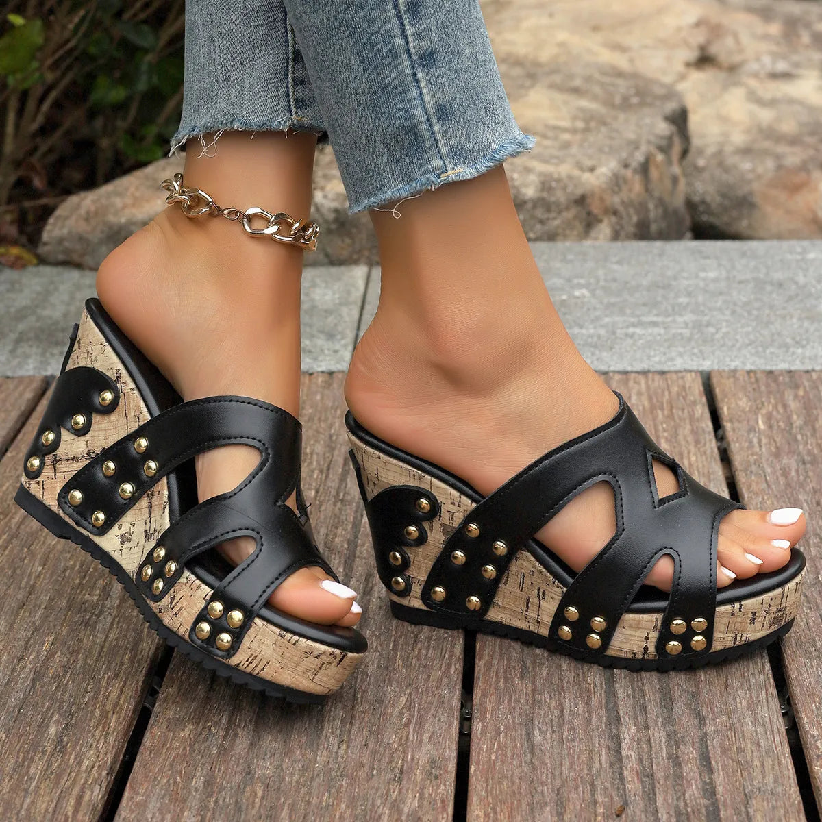 Shopimist open toe wedge sandals with beige straps and cork wedge heel, perfect for summer casual wear.