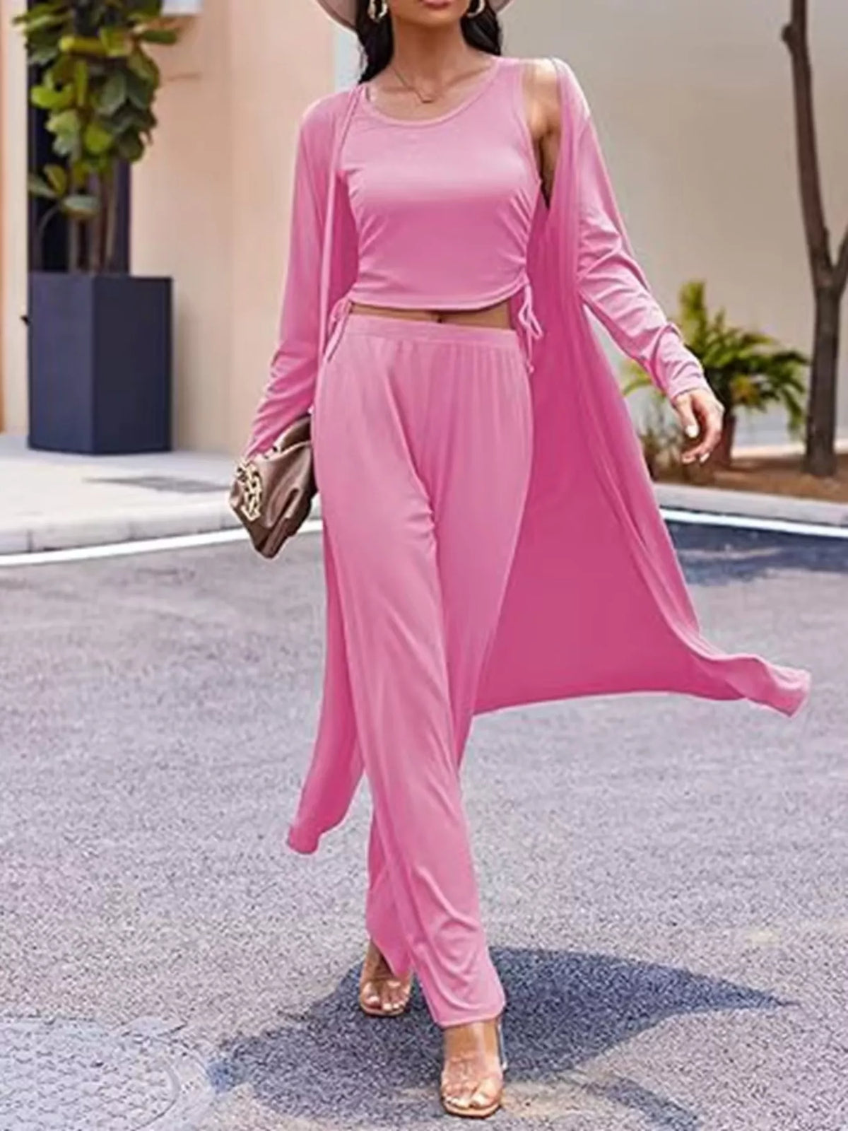 Plush Fashion Hub round neck tank cardigan and matching pants loungewear set, soft fabric, comfortable casual outfit.