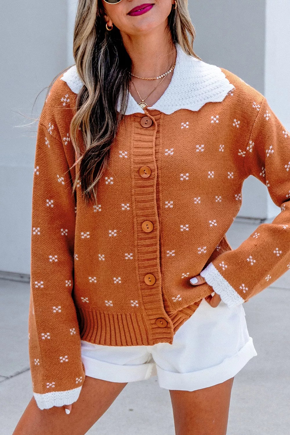 Colorblock Peter Pan collar long sleeve knit cardigan for women, featuring a stylish colorblock design and cozy knit fabric.