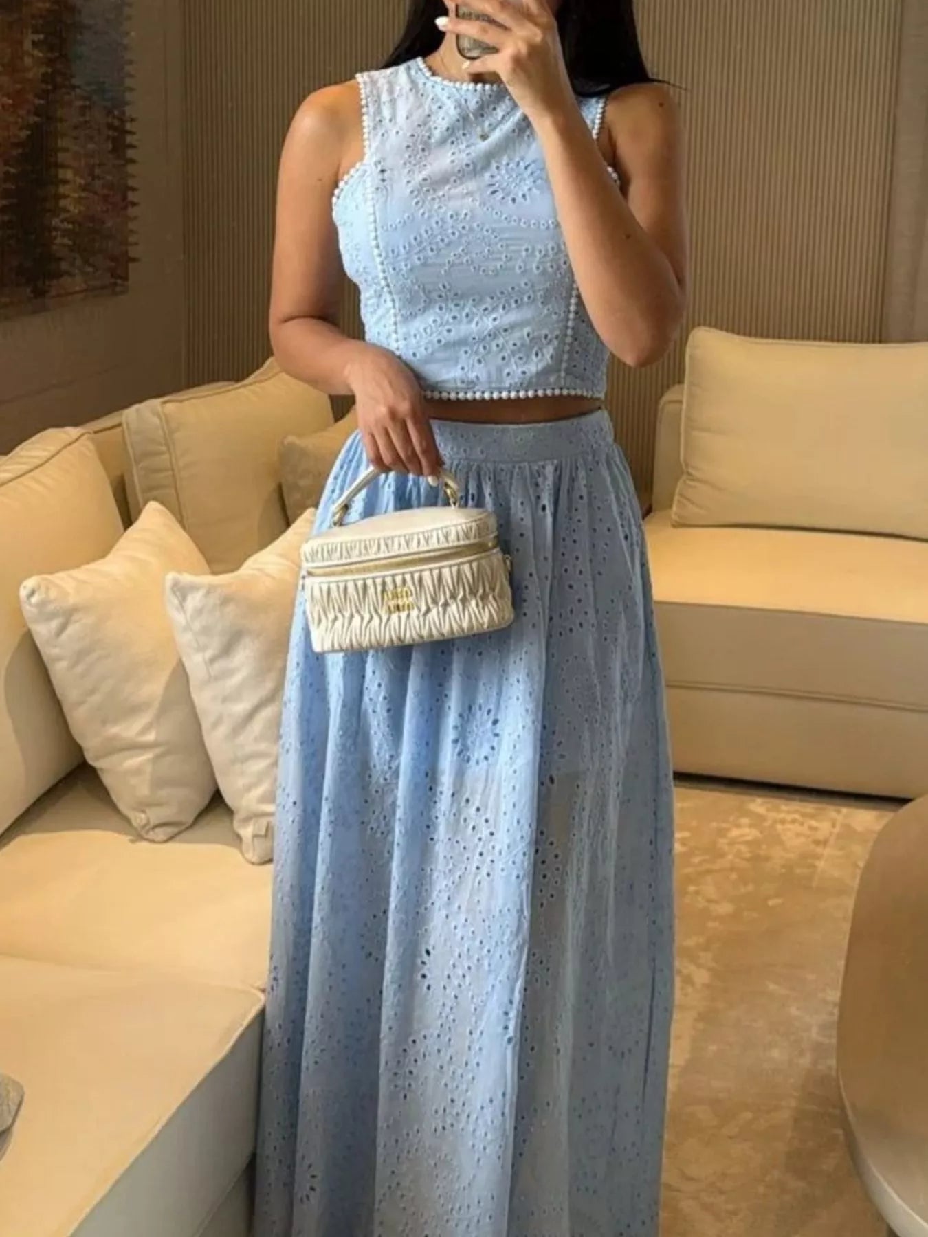 Trendsi eyelet crop top and maxi skirt set, stylish matching tops and skirt with eyelet detailing, perfect for summer or casual wear.