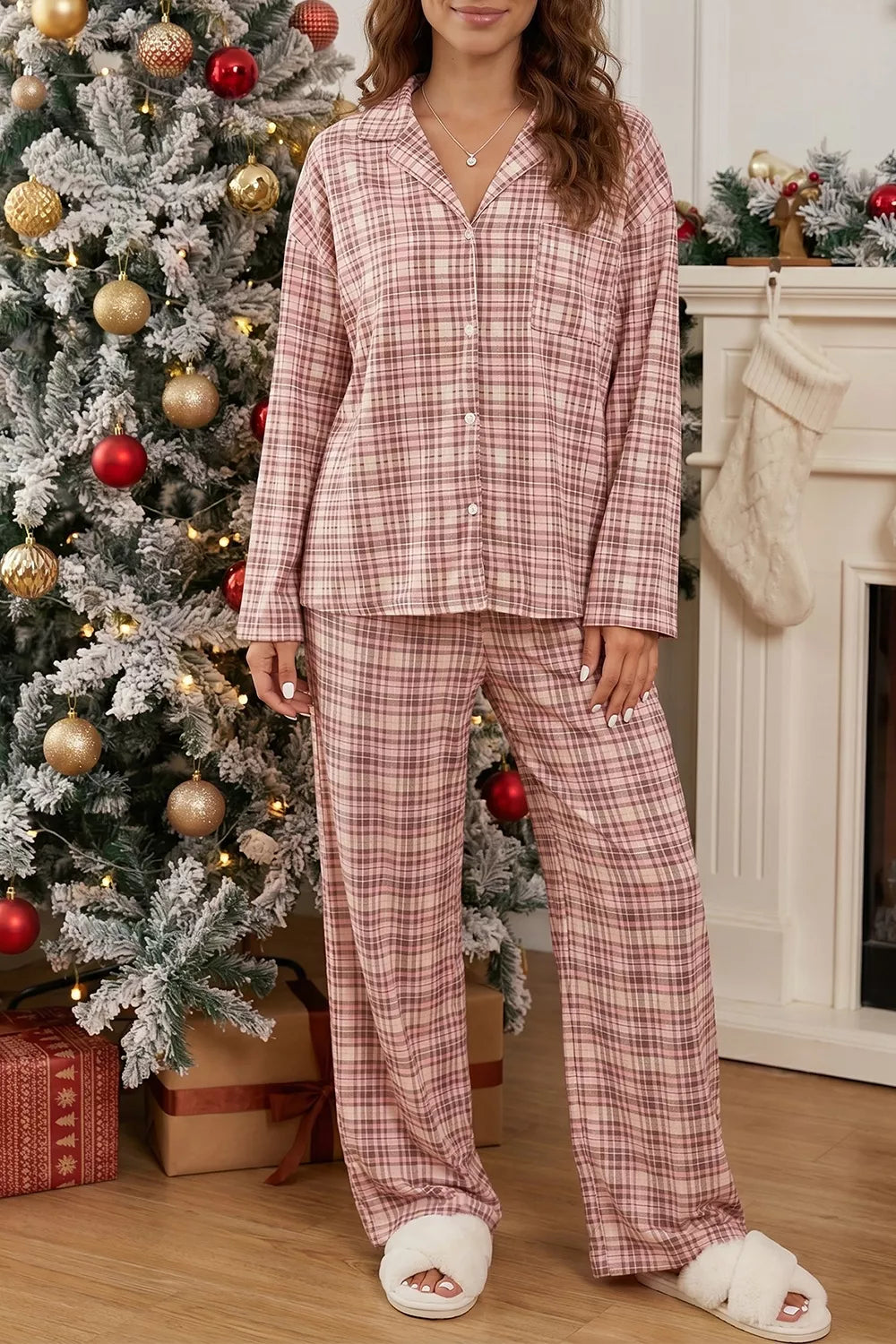 Trendsi plaid patch pocket long sleeve lounge set with matching long pants, featuring a cozy, relaxed fit and stylish pattern.