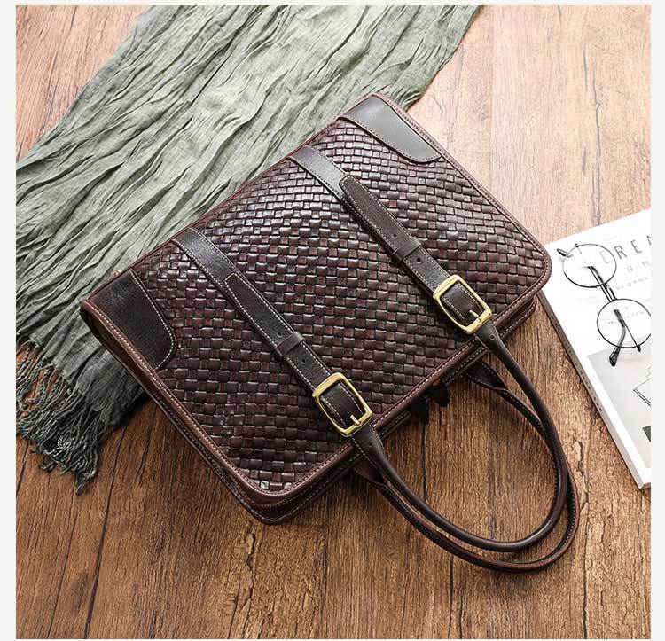 Women's hand-woven leather handbag with vegetable-tanned full-grain cowhide, featuring intricate craftsmanship and natural leather finish.