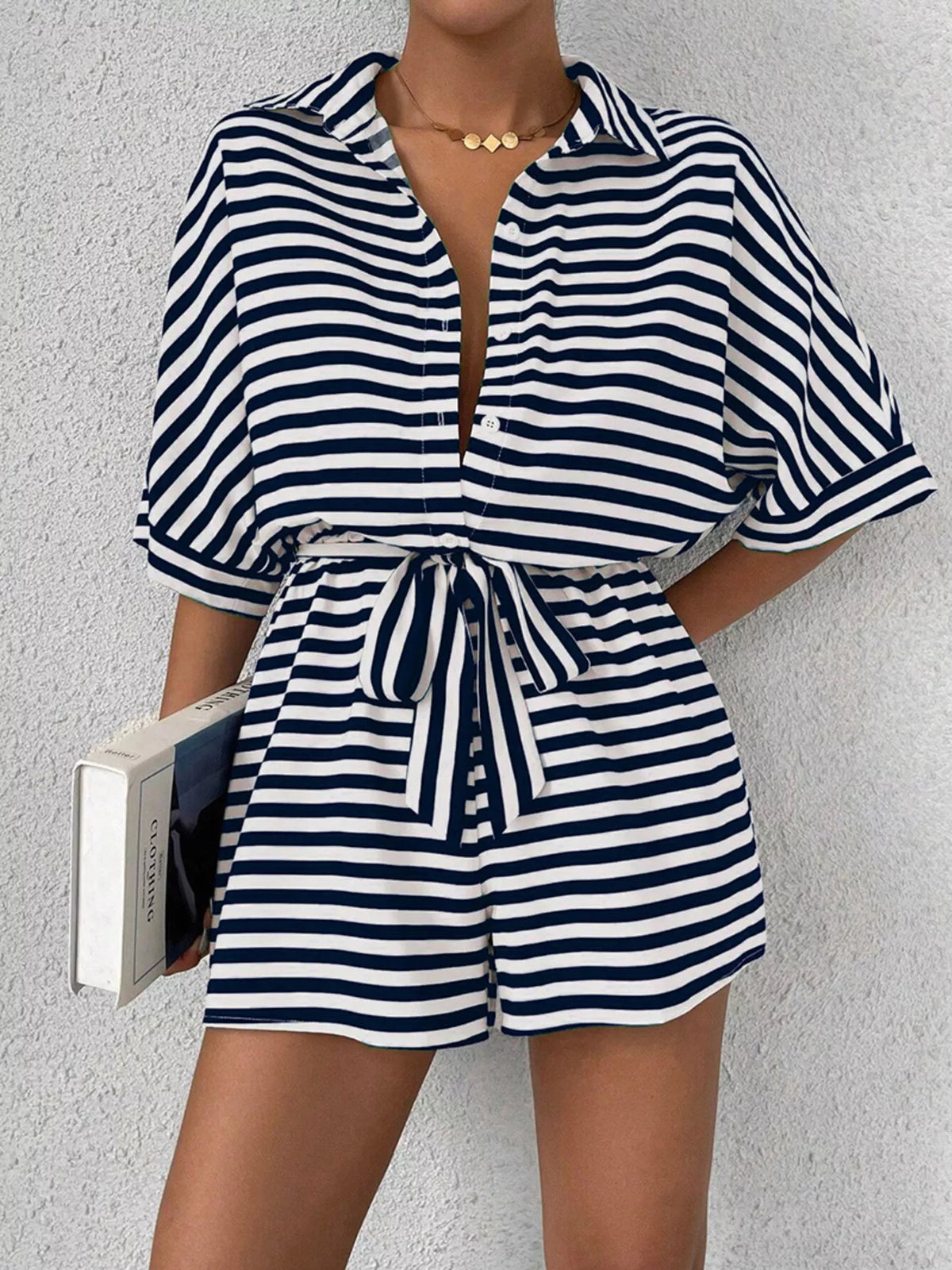 Striped Plush Fashion Hub button front half sleeve romper shirt with a casual, stylish design and front buttons.