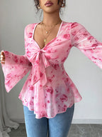 Floral print tie-front chiffon blouse with flare sleeves, stylish and lightweight women's top by Trendsi.