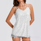 Sparkly sequin V-neck camisole from Plush Fashion Hub with rhinestone straps, casualwear top with shimmering embellishments.
