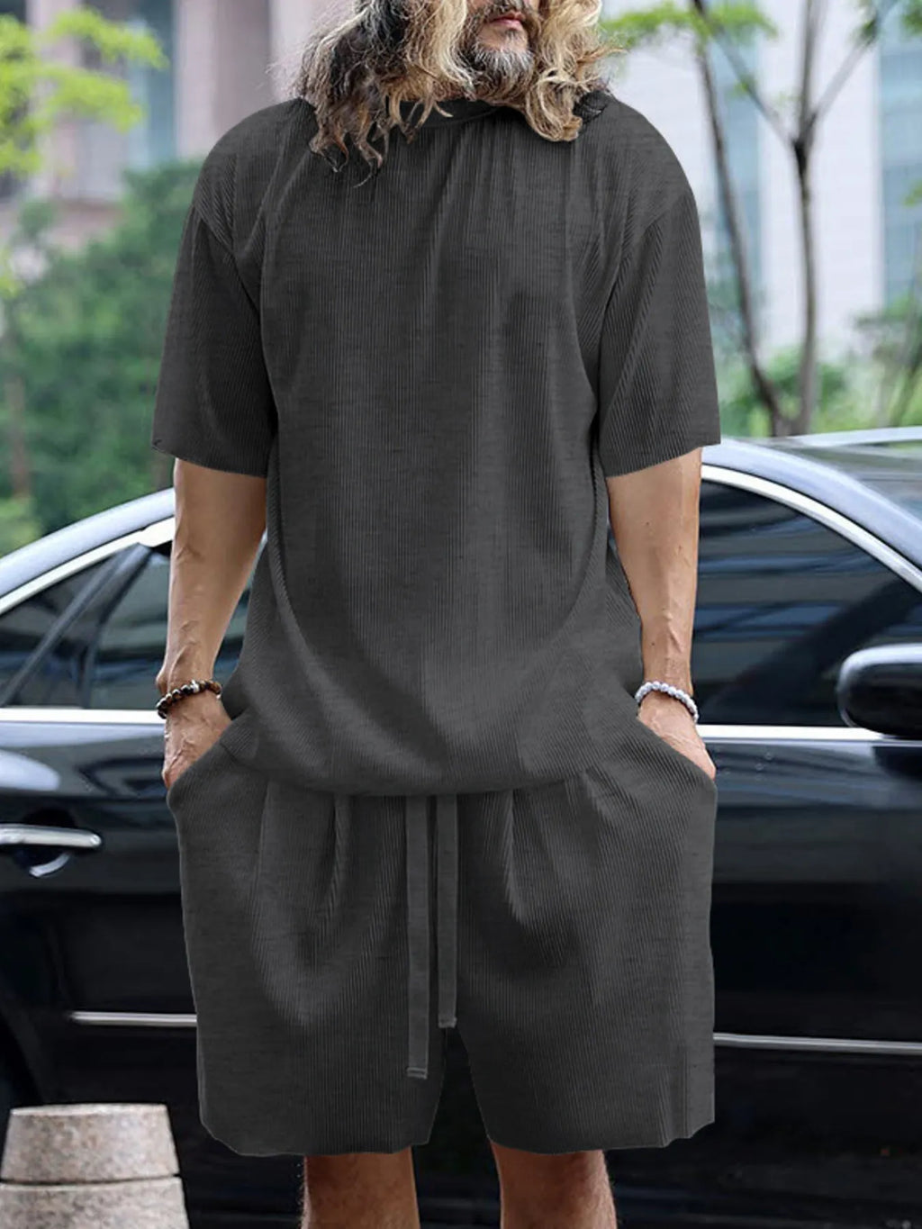 Plus size men's round neck short sleeve top and shorts set by Shopimist, casual summer outfit with comfortable fabric.