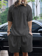 Plus size men's round neck short sleeve top and shorts set by Shopimist, casual summer outfit with comfortable fabric.