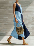 Women's color block sleeveless maxi dress by Trendsi, lightweight summer fashion with vibrant color panels and flowy silhouette.