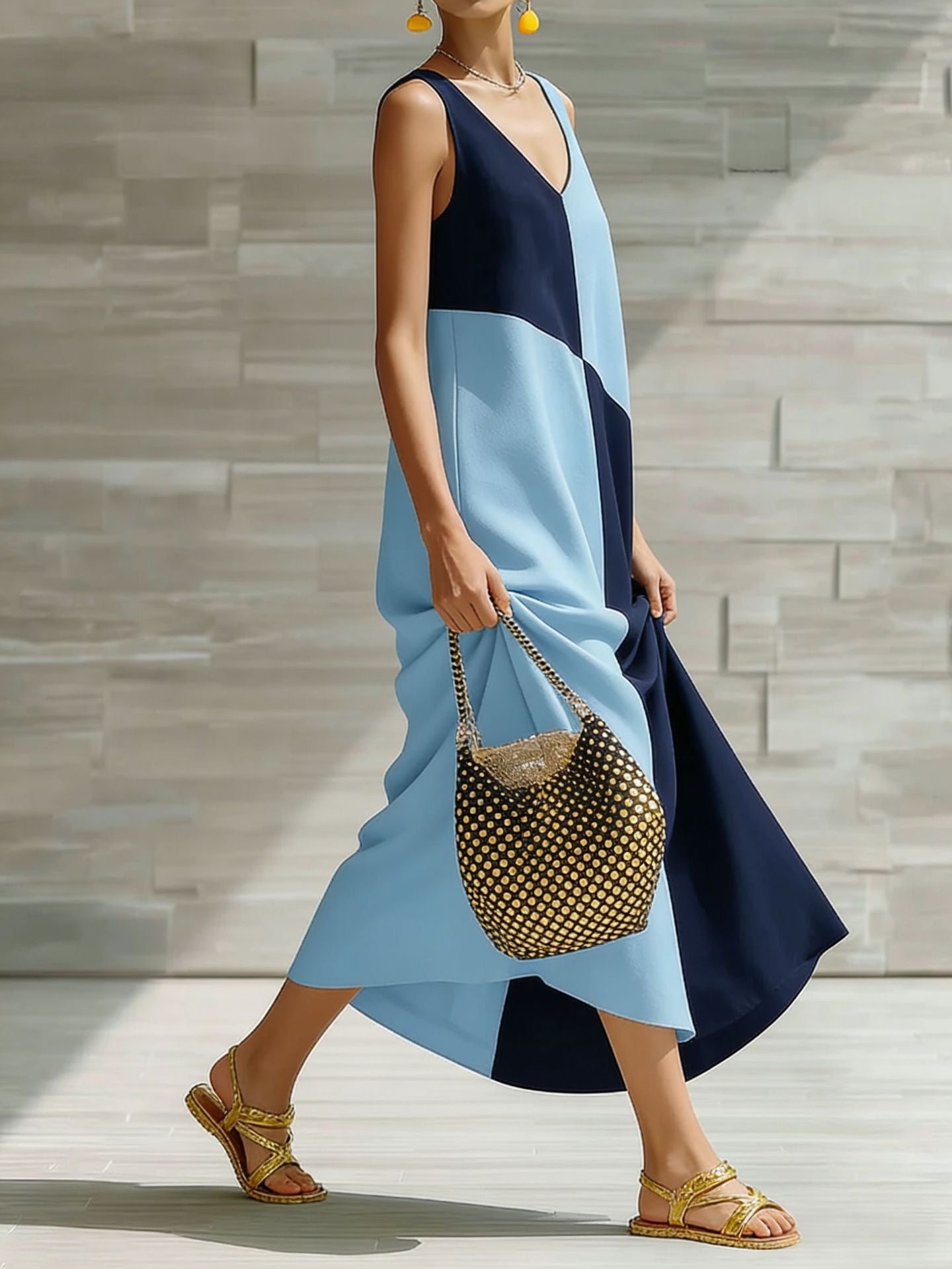 Women's color block sleeveless maxi dress by Trendsi, lightweight summer fashion with vibrant color panels and flowy silhouette.