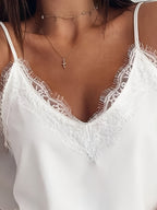 Women's V-Neck Lace Trim Cami tank top by Trendsi, sleeveless with delicate lace detailing, shown in a flattering fit.