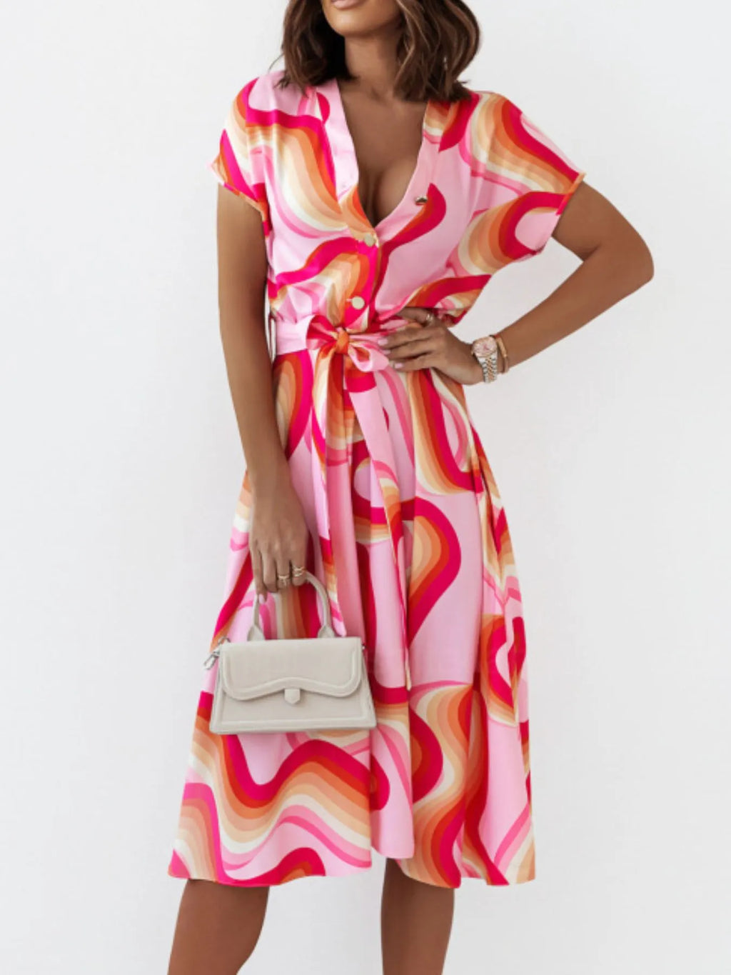 Printed button front midi dress with belt from Shopimist featuring a stylish design and feminine silhouette.
