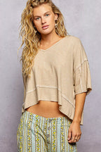 FitiqueFit POL short sleeve cropped rib T-shirt with contrast stitch detail, casualwear look, showing front view and stitching details.