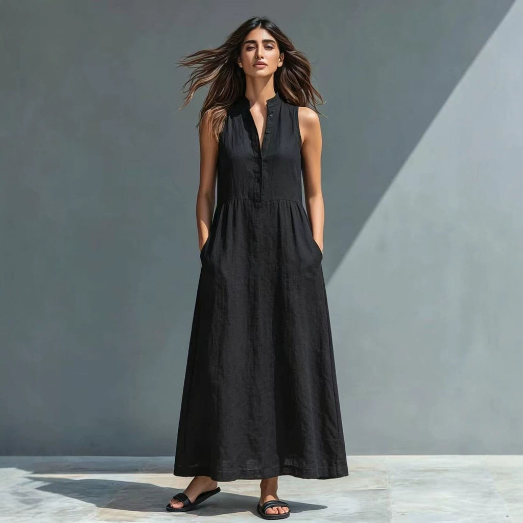 Women's FitiqueFit stand-collar A-line maxi dress with a flowing silhouette, perfect for resort and vacation style.