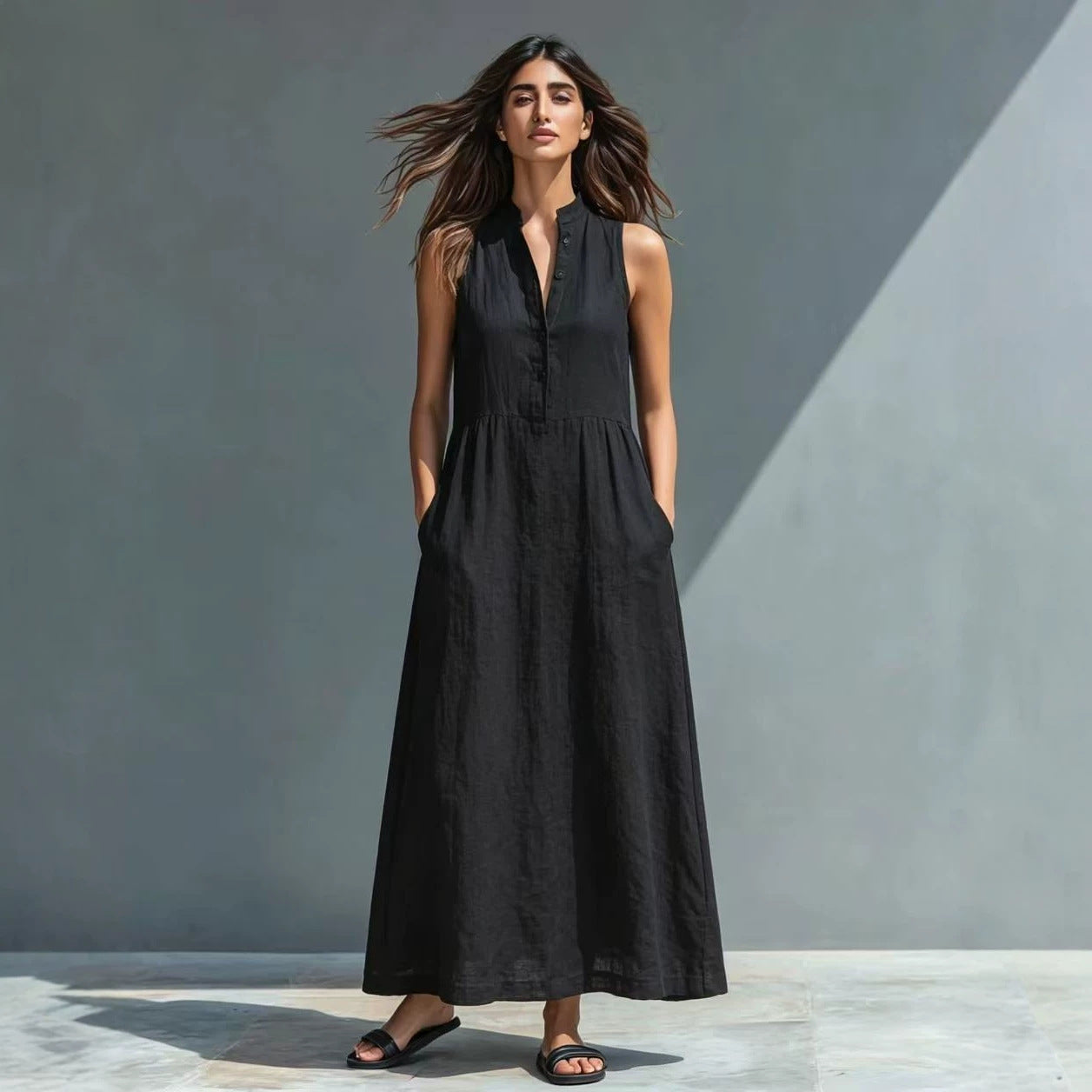 Women's FitiqueFit stand-collar A-line maxi dress with a flowing silhouette, perfect for resort and vacation style.