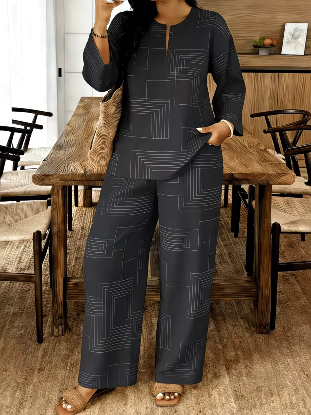 Geometric print relaxed fit top and pants set by Plush Fashion Hub, featuring bold patterns and comfortable casual style.