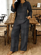 Geometric print relaxed fit top and pants set by Plush Fashion Hub, featuring bold patterns and comfortable casual style.
