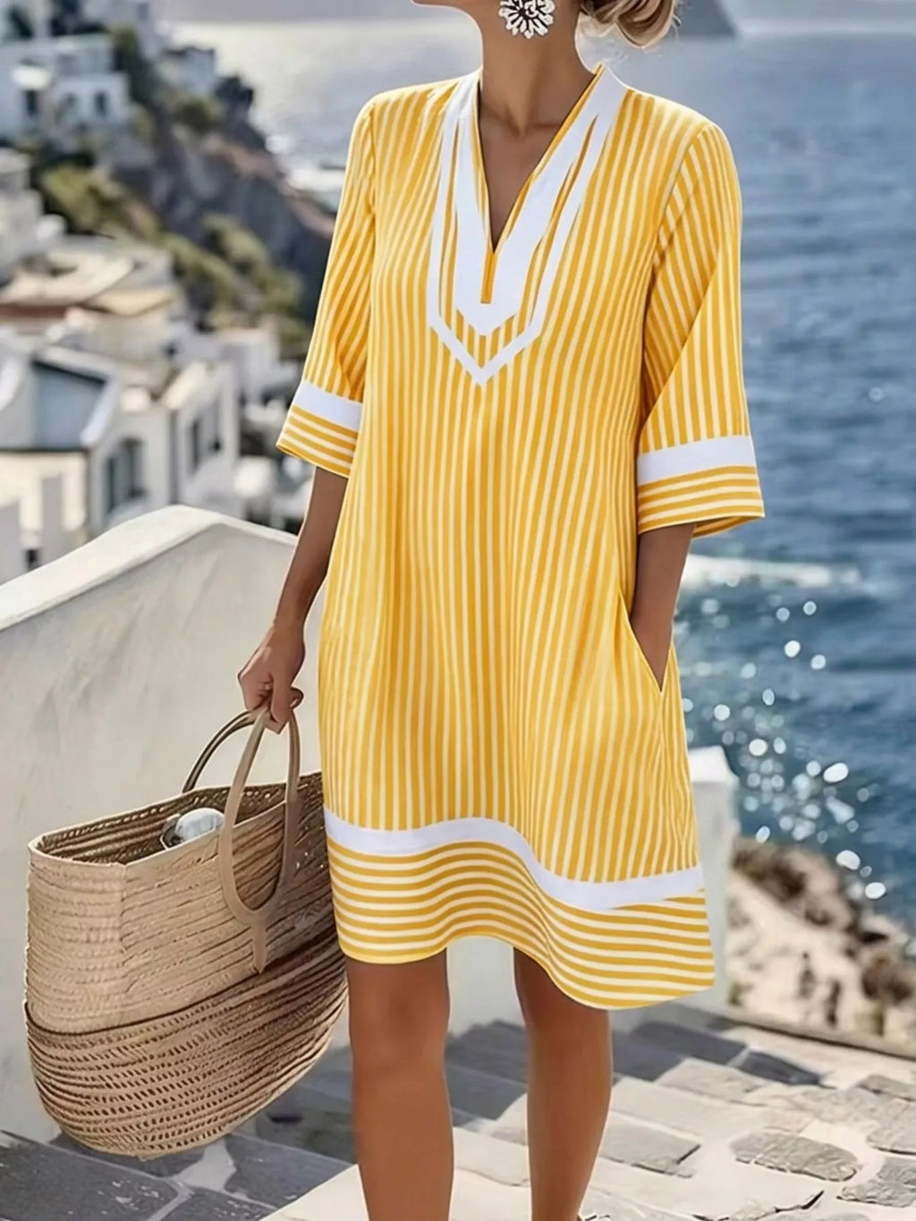 Plus size striped V-neck casual dress by Shopimist, full-length view showing relaxed fit and colorful vertical stripes.