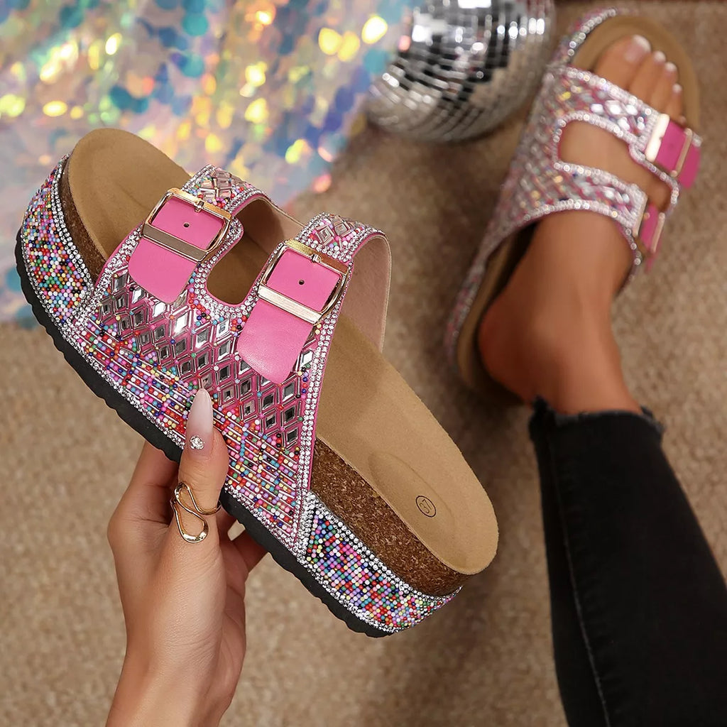 Shopimist rhinestone double buckle sandals with ankle straps and open toe design, featuring sparkling rhinestone accents.