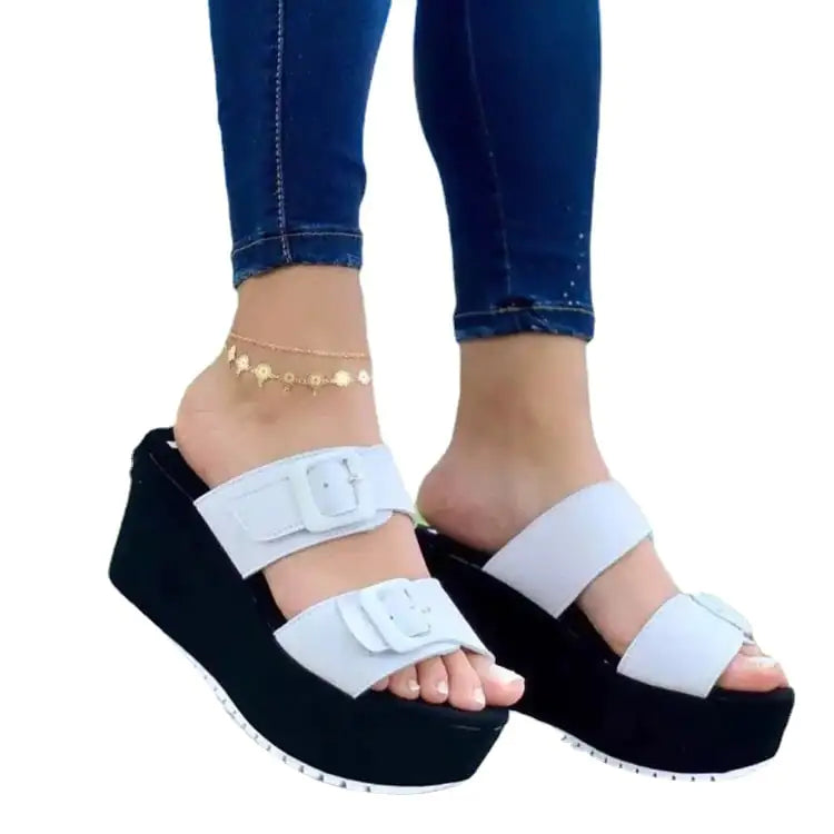 Women wedge heel platform slippers with belt buckle, stylish Trendy Attic Store01 sandals, featuring comfortable slip-on design.