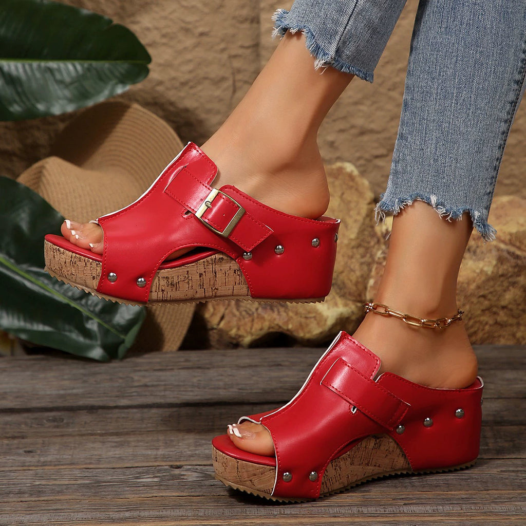 Women's open toe wedge sandals by Trendsi with comfortable PU leather straps and high heel for stylish summer footwear.
