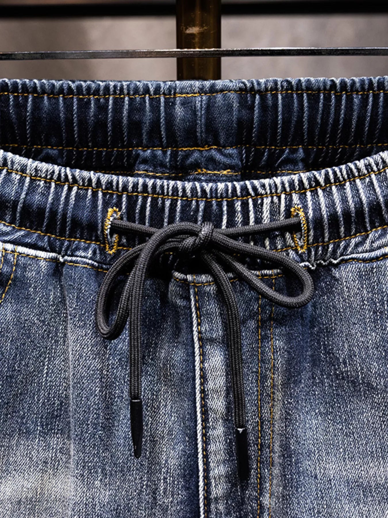 Men's relaxed fit drawstring jeans in plus size by Shopimist, showing the comfortable, full-length denim with adjustable waistband.