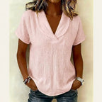 Women's knitted short-sleeve butterfly collar top by Plush Fashion Hub, casualwear featuring a comfortable fit and stylish design.