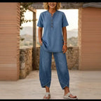 Women's FitiqueFit two-piece set with lapel button-up top and matching pants, featuring three-quarter sleeves, casual chic style.