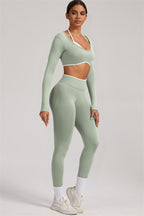 Fitglutes Activewear long sleeve crop top and matching leggings 2-piece set, stylish gymwear for workout and active fitness.