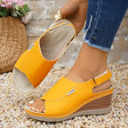 Shopimist peep toe wedge sandals with open toe design, tan leather straps, and chunky heel for stylish summer wear.