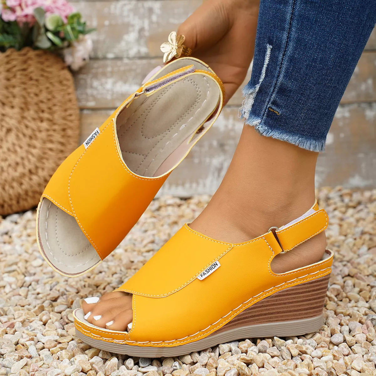 Shopimist peep toe wedge sandals with open toe design, tan leather straps, and chunky heel for stylish summer wear.
