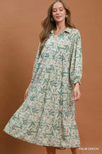 Umgee linen botanical print tiered midi dress featuring a flowy silhouette and natural fabric for a stylish, bohemian look.