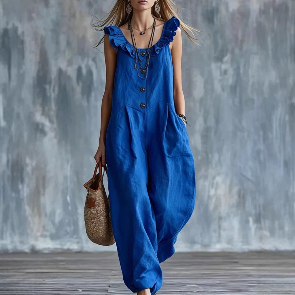 Women's sleeveless button-down tank jumpsuit from Plush Fashion Hub, casualwear with a fitted bodice and wide-leg pants.